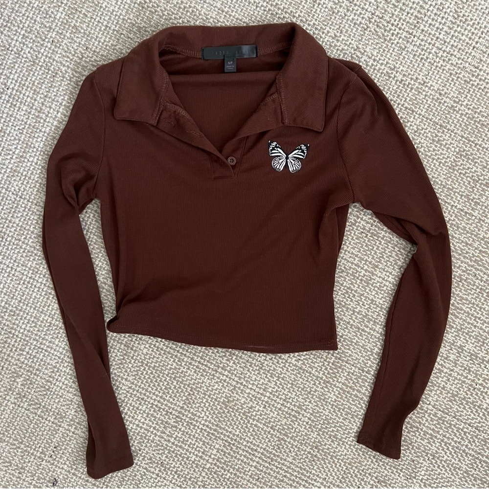 Y2K Brown Butterfly Long Sleeve Crop Top